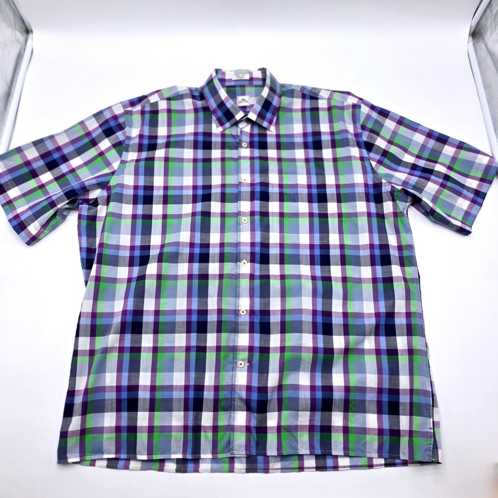 Peter Millar Mens XL Short‎ Sleeve Button Down Shirt Plaid Purple Green Cotton